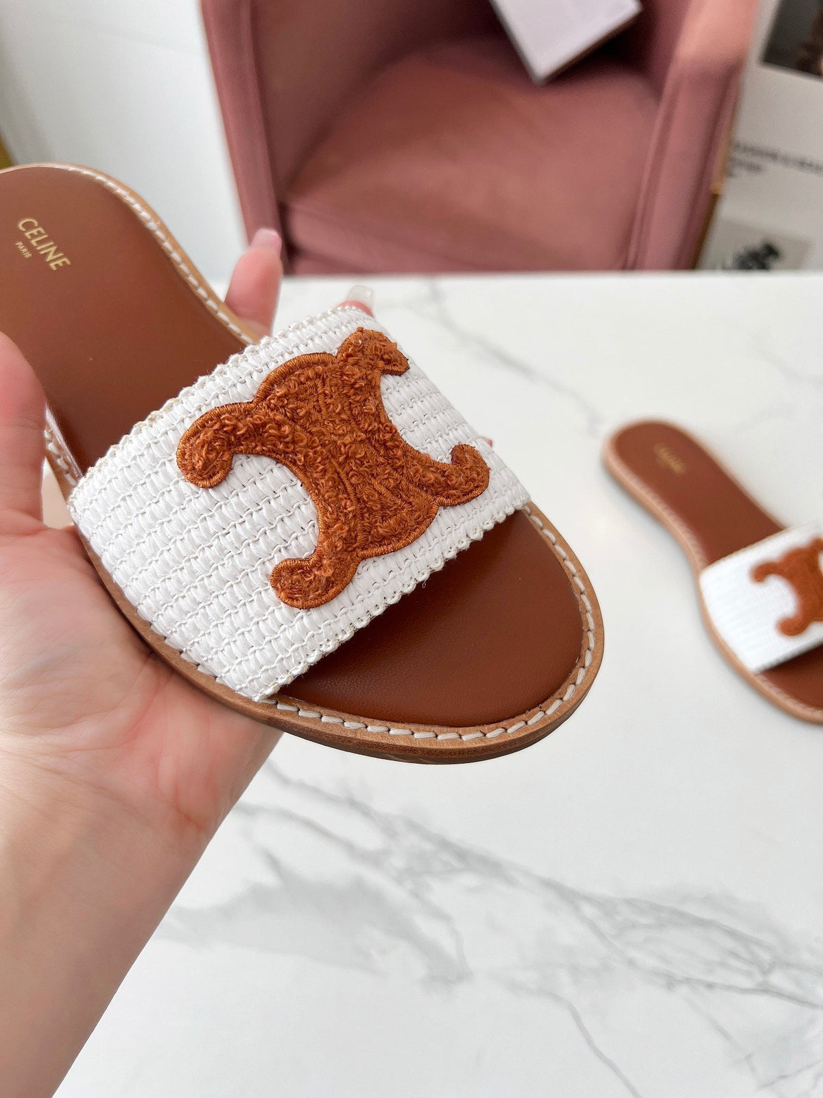 LYMPIA MULE WHITE RAFFIA AND TAN WOOL