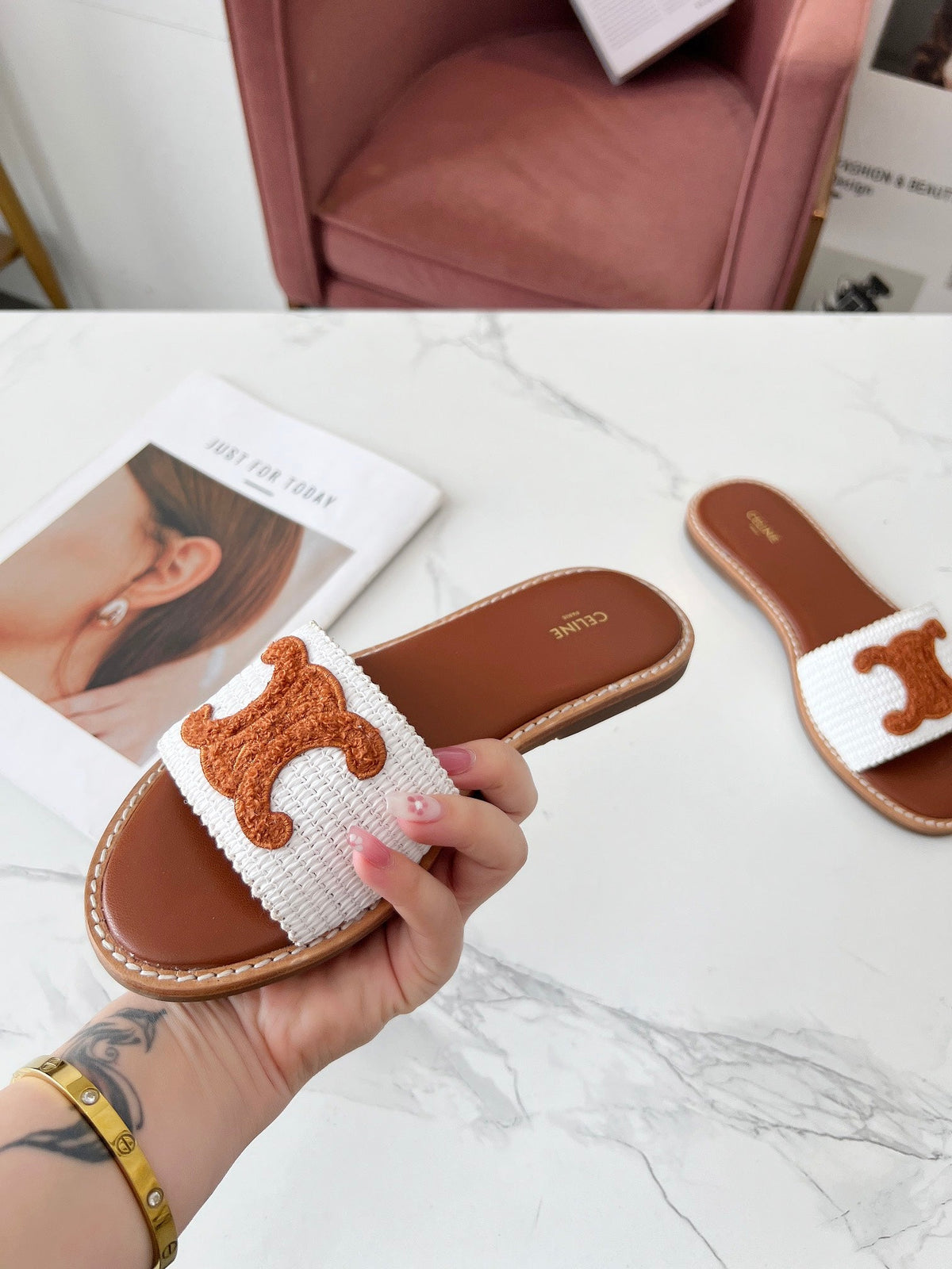 LYMPIA MULE WHITE RAFFIA AND TAN WOOL