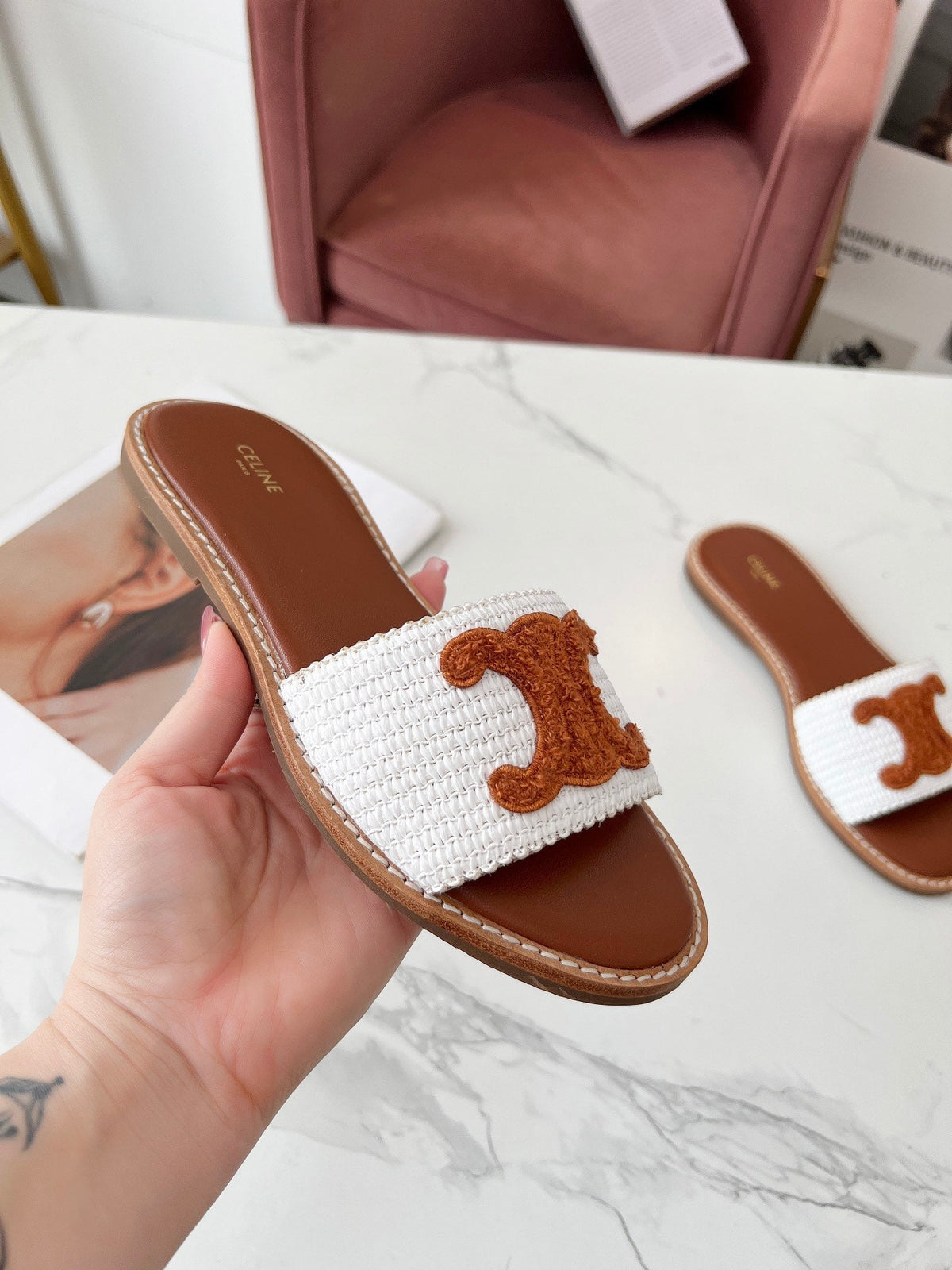 LYMPIA MULE WHITE RAFFIA AND TAN WOOL