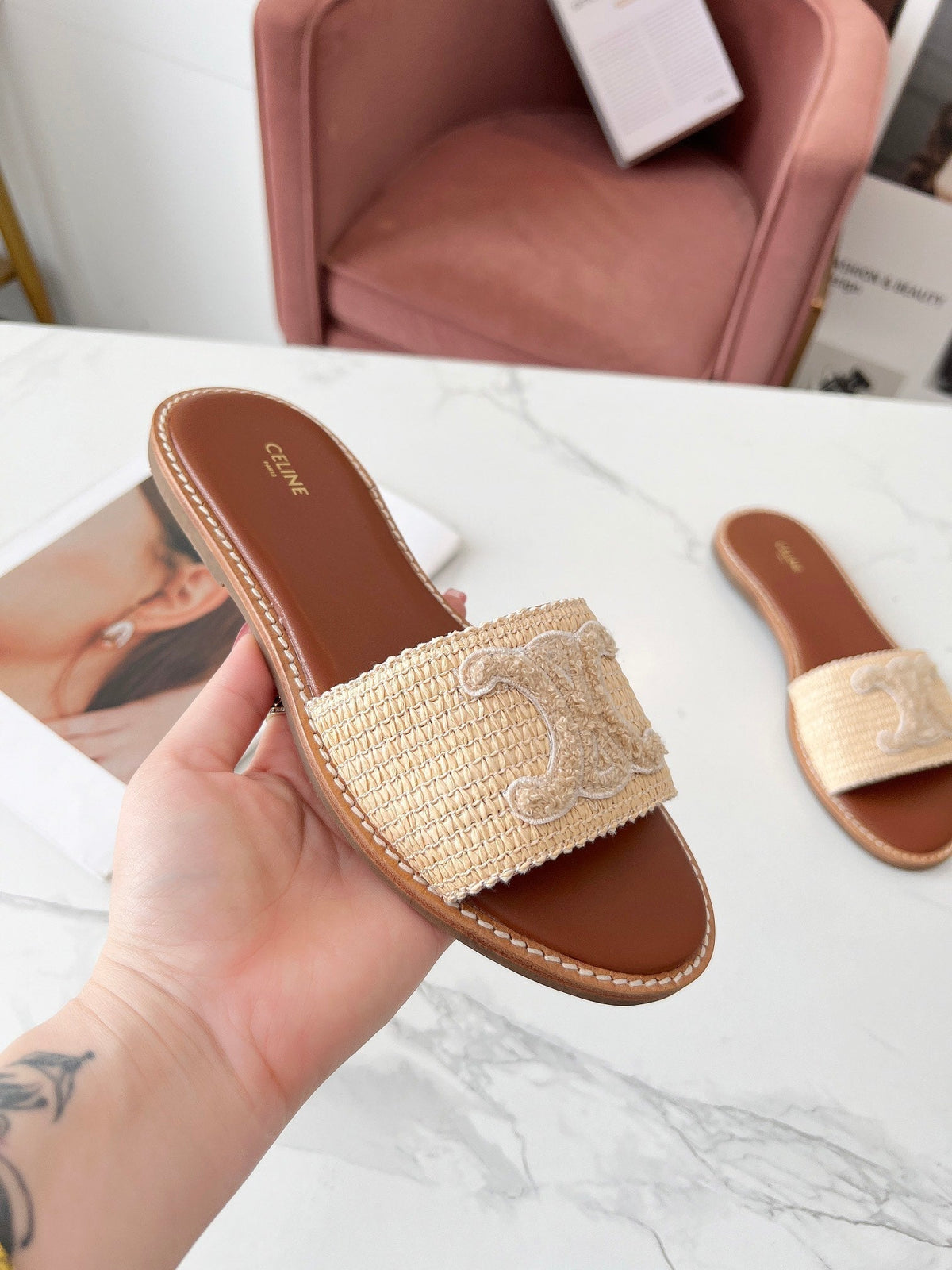 LYMPIA MULE BEIGE RAFFIA AND WOOL