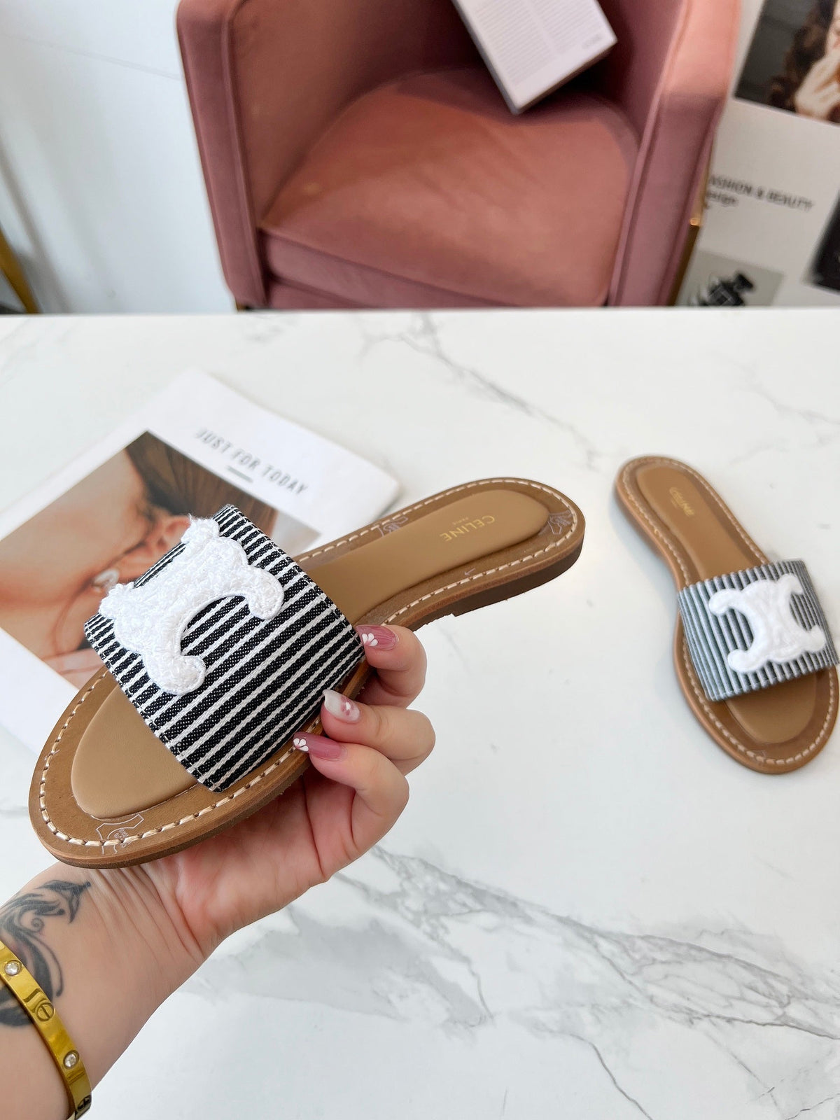 LYMPIA MULE STRIPED CANVAS WOOL LOGO