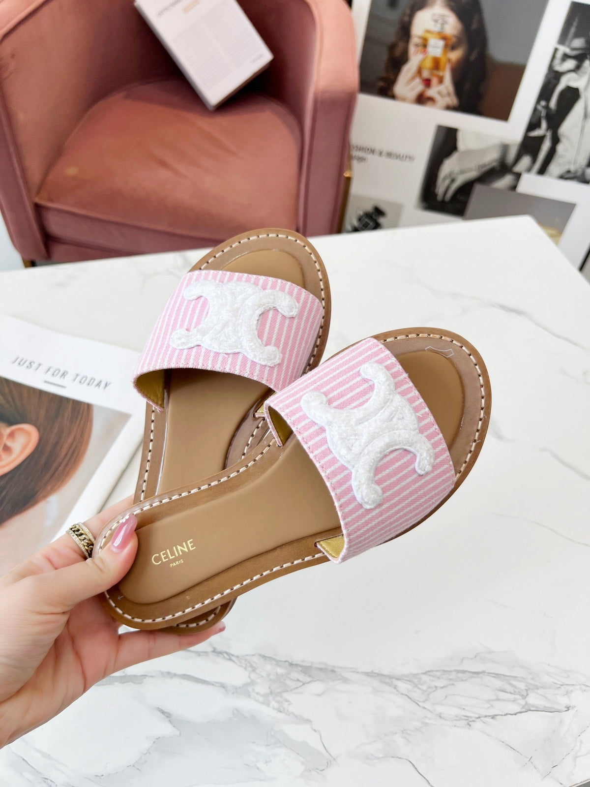 LYMPIA MULE STRIPED LIGHT PINK CANVAS WOOL LOGO