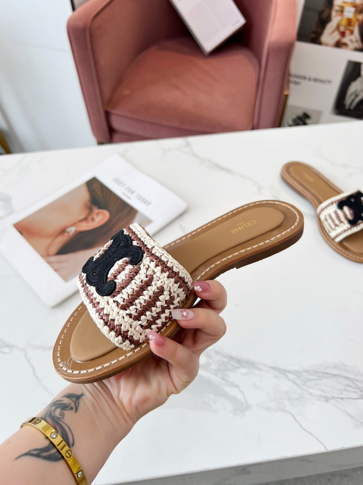 LYMPIA MULE WHITE MIX BROWN RAFFIA BLACK LOGO