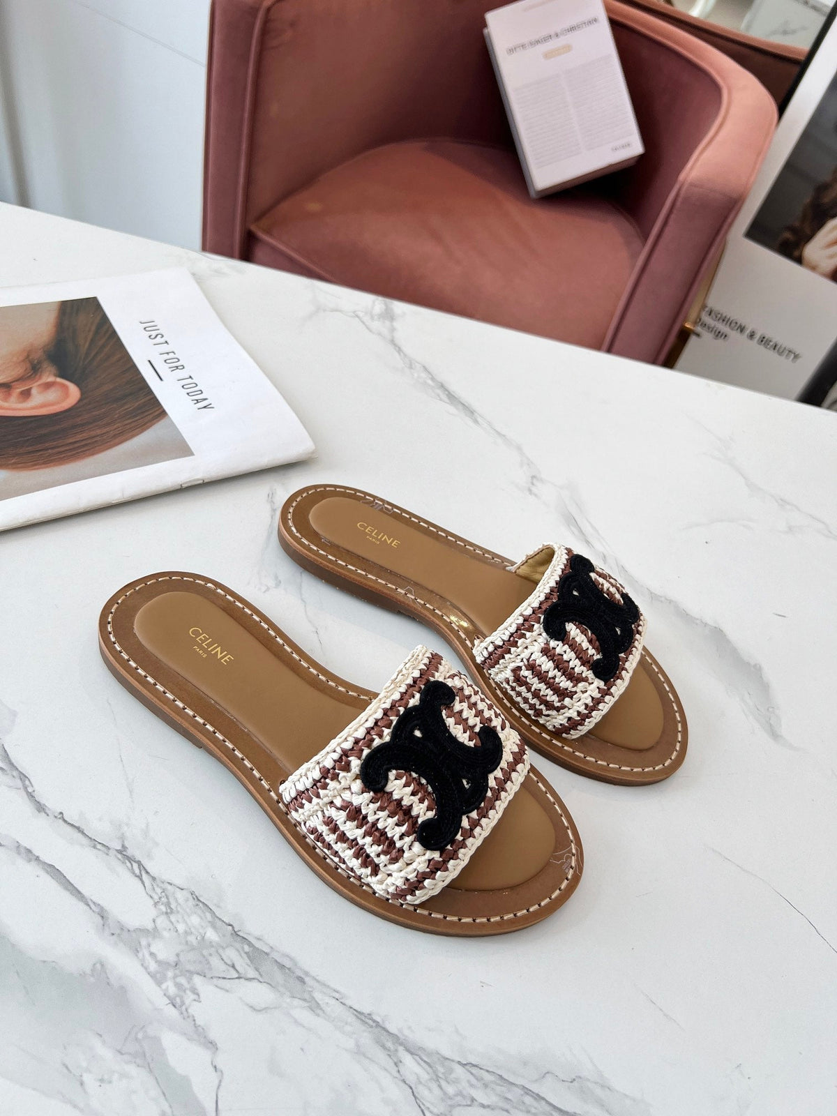 LYMPIA MULE WHITE MIX BROWN RAFFIA BLACK LOGO