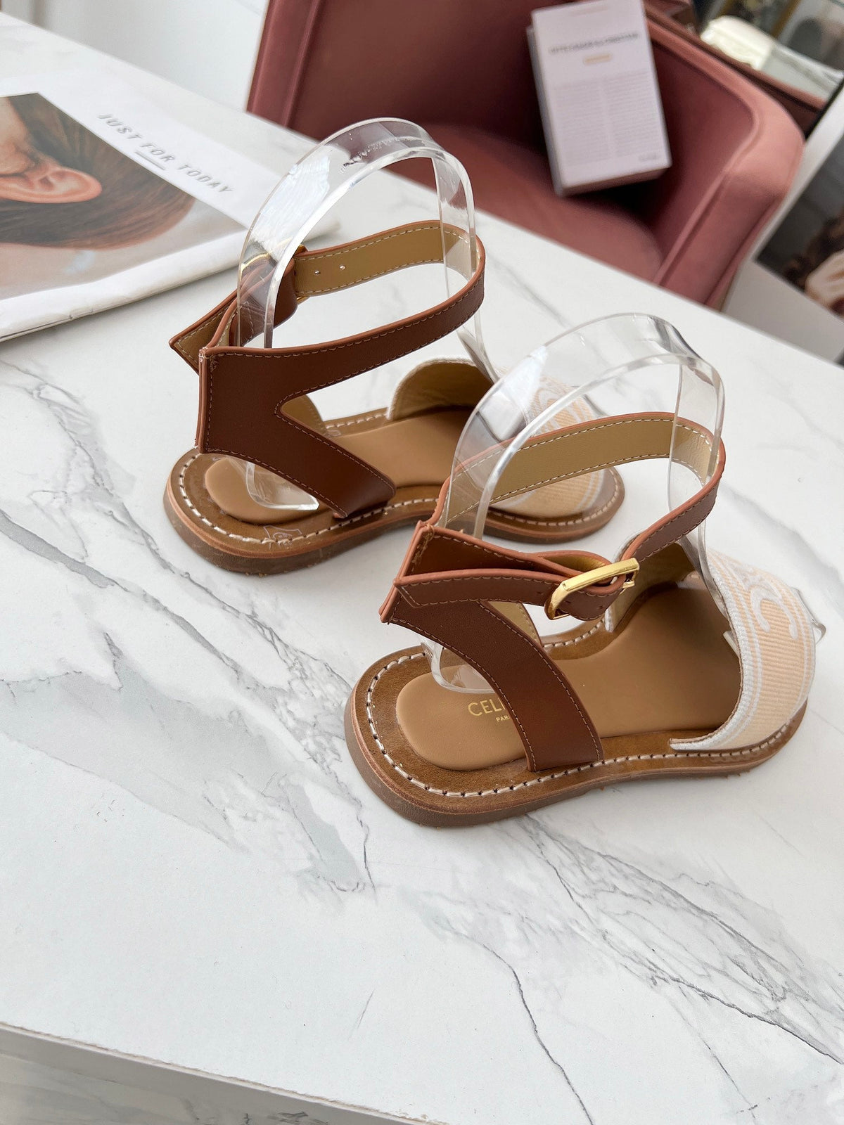 LYMPIA SANDAL IN BISQUE BEIGE MIX WHITE TRIOMPHE JACQUARD CANVAS & CALFSKIN