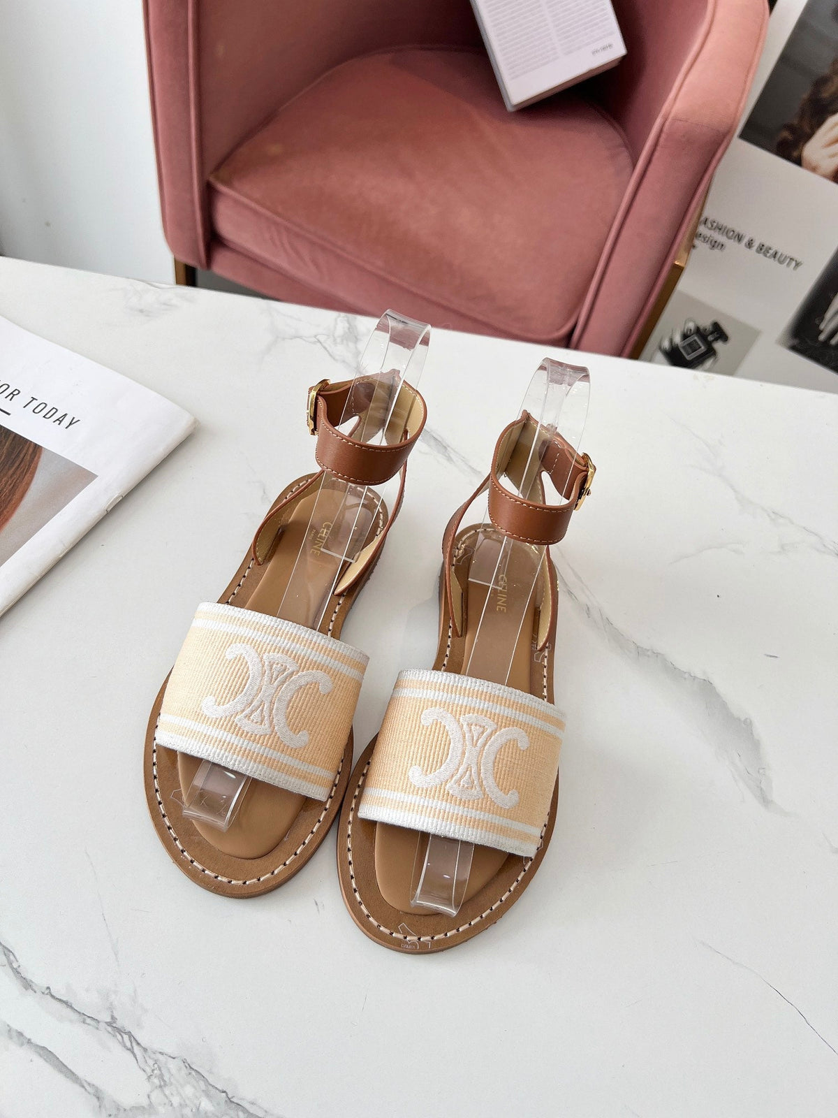 LYMPIA SANDAL IN BISQUE BEIGE MIX WHITE TRIOMPHE JACQUARD CANVAS & CALFSKIN