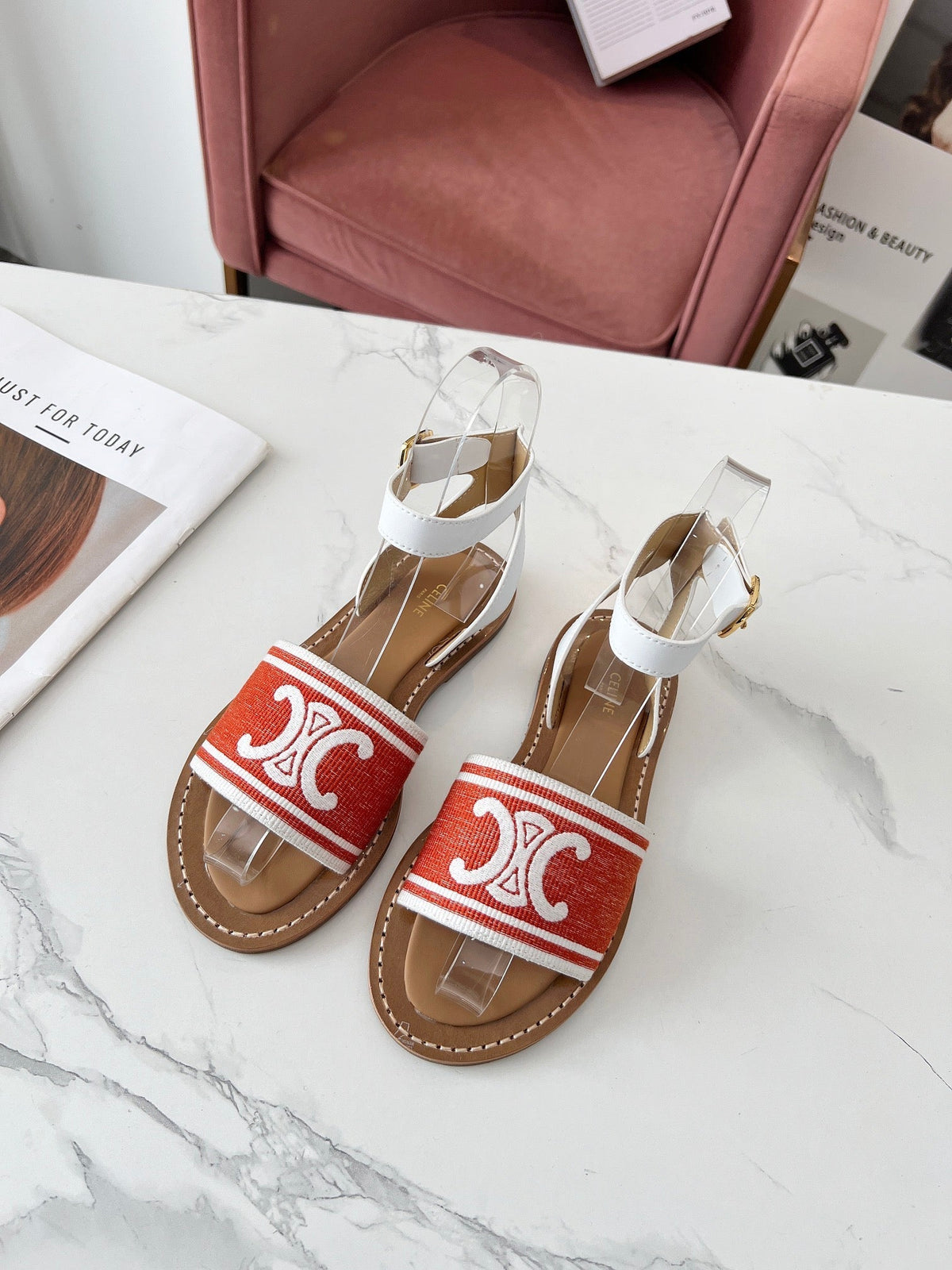 LYMPIA SANDAL IN RED MIX WHITE TRIOMPHE JACQUARD CANVAS & CALFSKIN