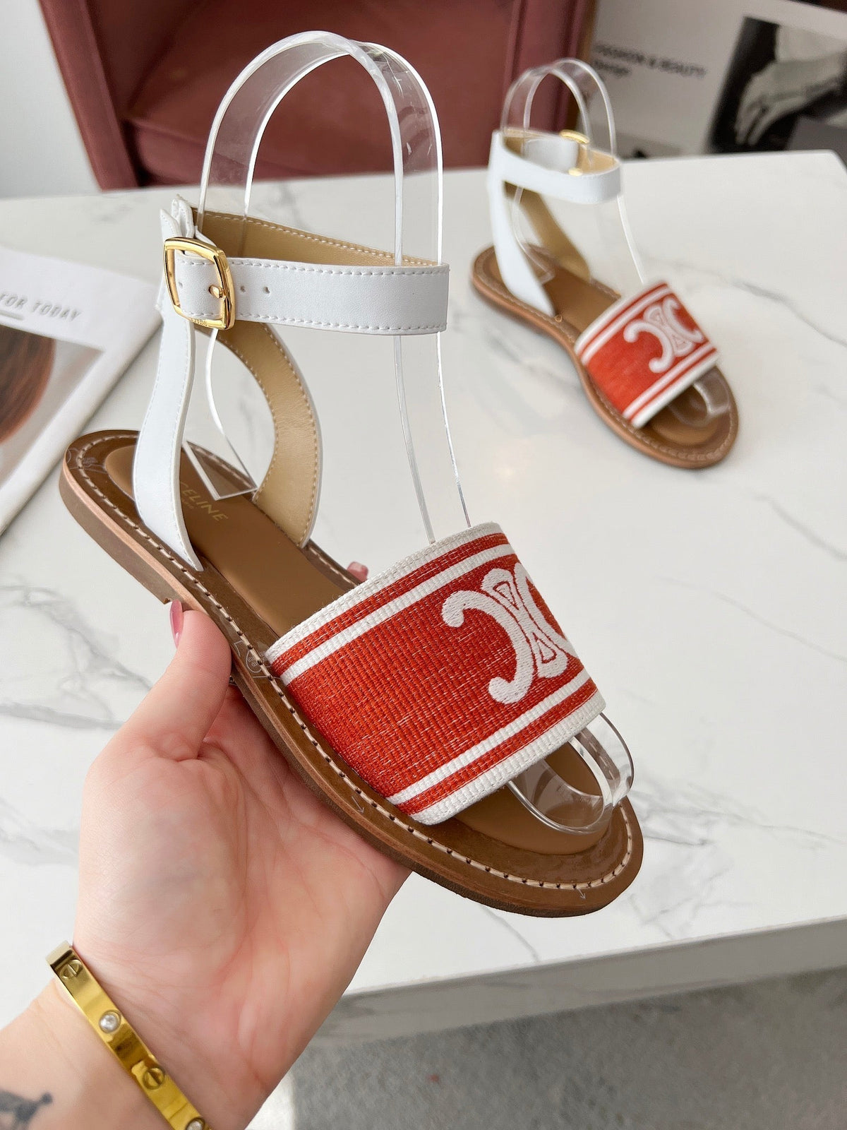 LYMPIA SANDAL IN RED MIX WHITE TRIOMPHE JACQUARD CANVAS & CALFSKIN