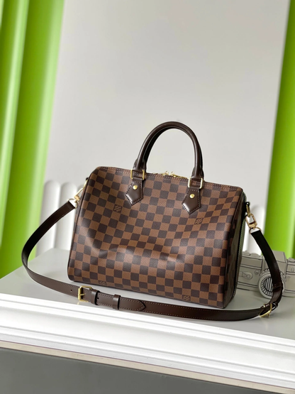 LV SPEEDY BANDOLIÈRE 30 IN DARK BROWN DAMIER EBENE CANVAS GOLD LOCK