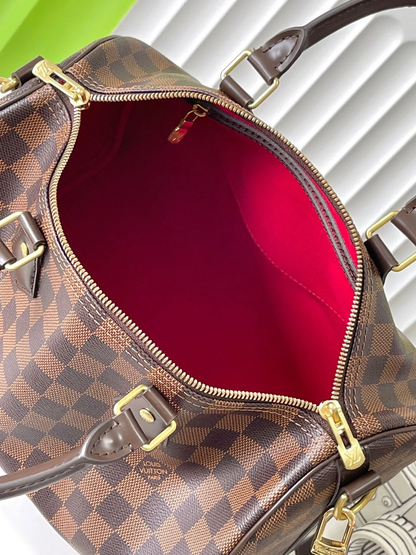 LV SPEEDY BANDOLIÈRE 30 IN DARK BROWN DAMIER EBENE CANVAS GOLD LOCK