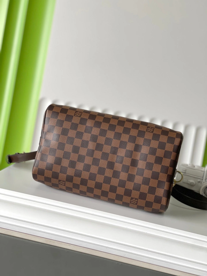 LV SPEEDY BANDOLIÈRE 30 IN DARK BROWN DAMIER EBENE CANVAS GOLD LOCK