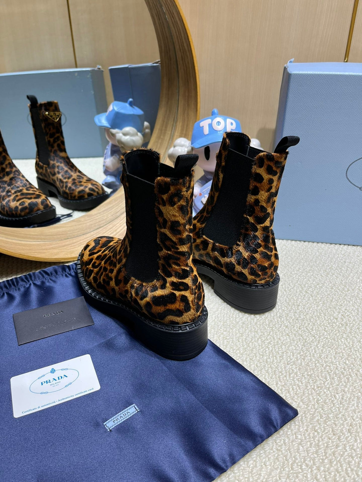 ANKLE BOOTS ATTACHED TRIANGLE LOGO IN LEOPARD PRINT HORSEHAIR
