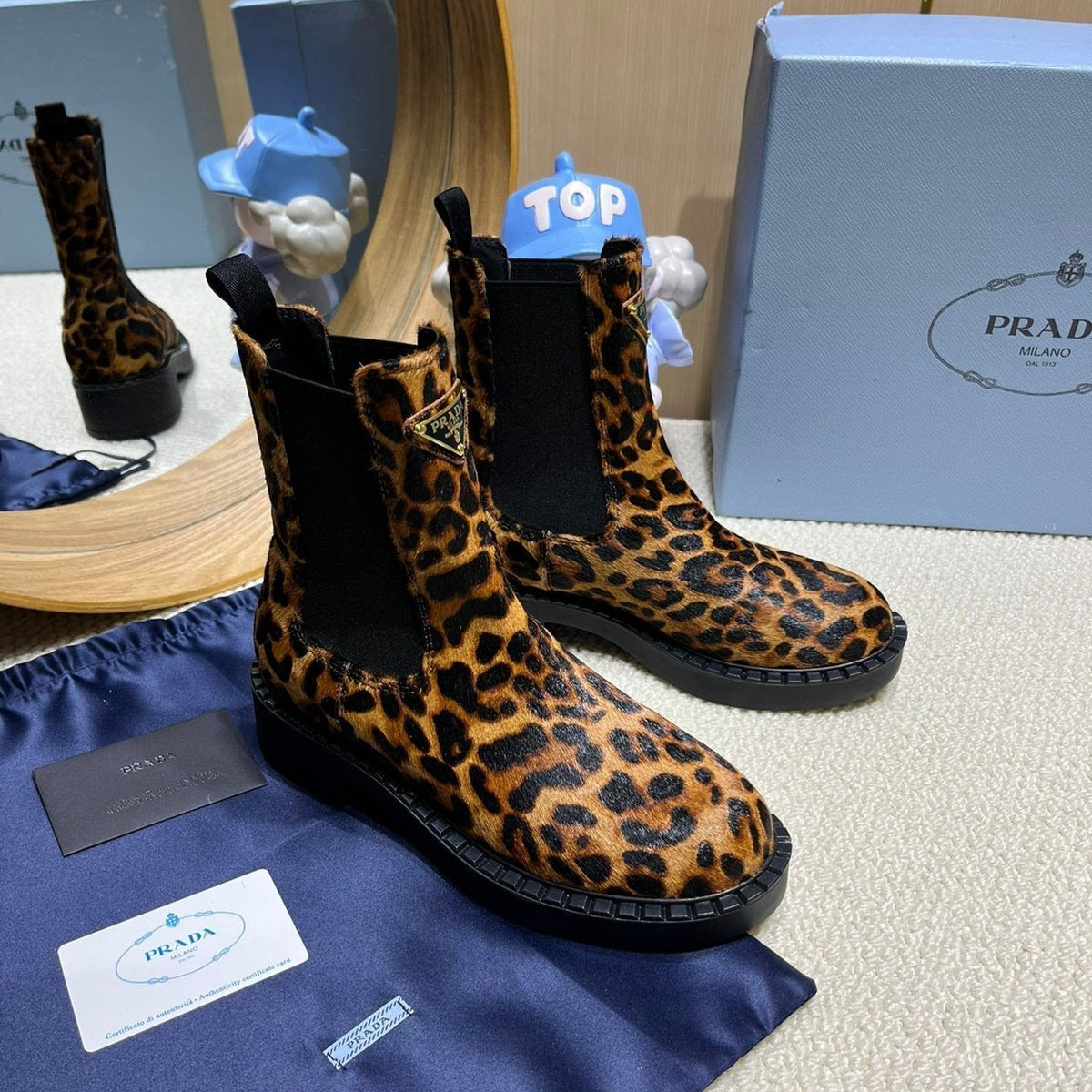 ANKLE BOOTS ATTACHED TRIANGLE LOGO IN LEOPARD PRINT HORSEHAIR