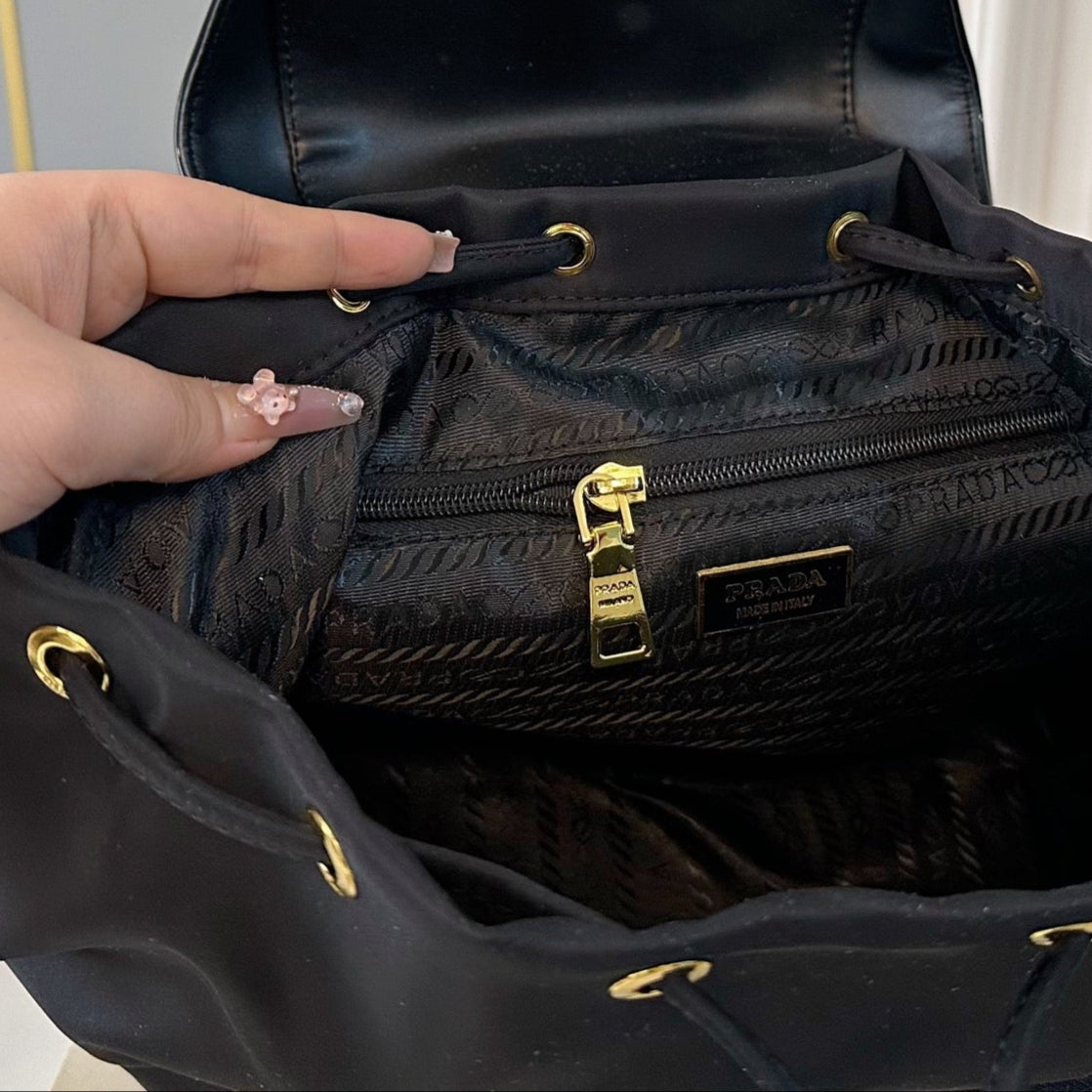 BACKPACK 30 IN BLACK RE-NYLON AND PATENT CALFSKIN GOLD HARDWARE
