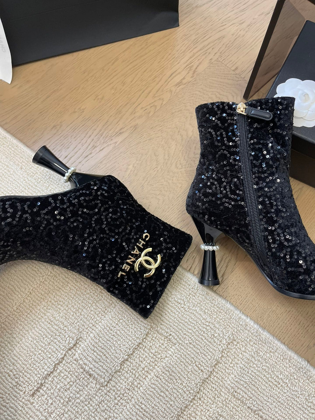 BONGADE BOOTS IN BLACK CALFSKIN AND SEQUINS