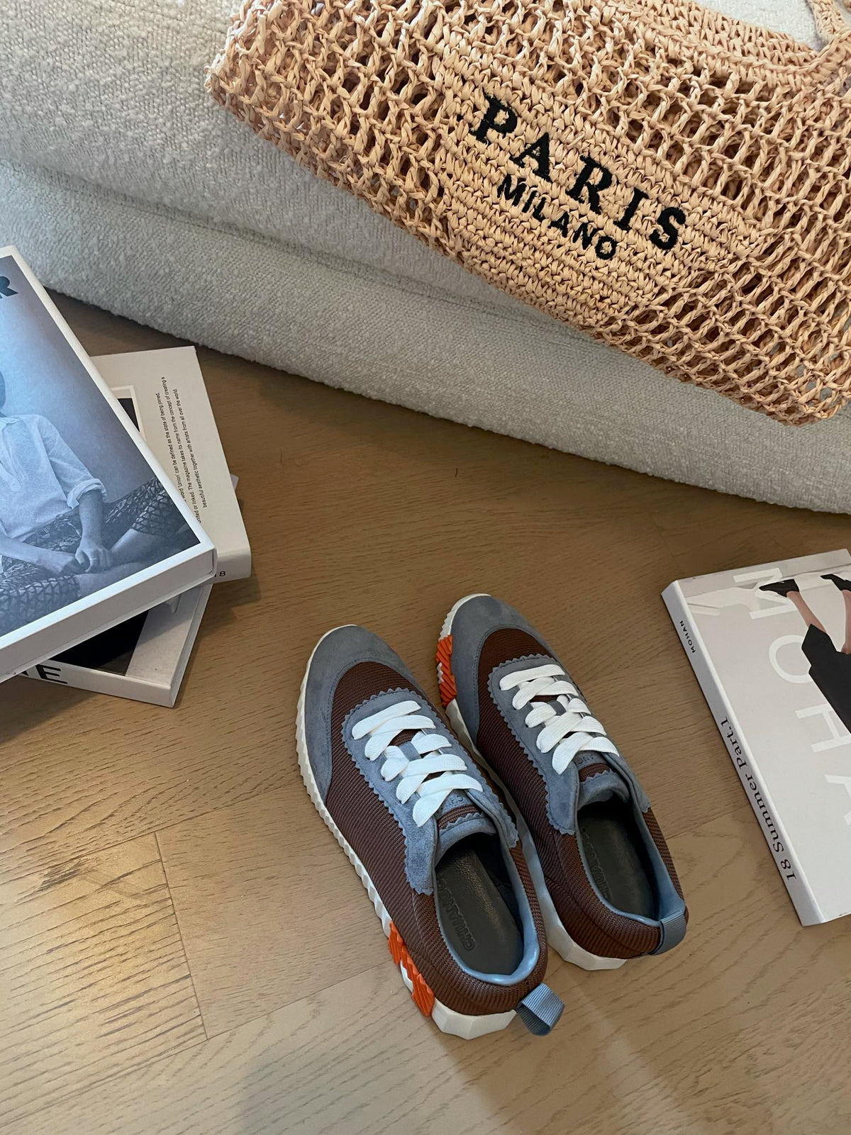BOUNCING SNEAKERS GRAY MIX BROWN CALFSKIN