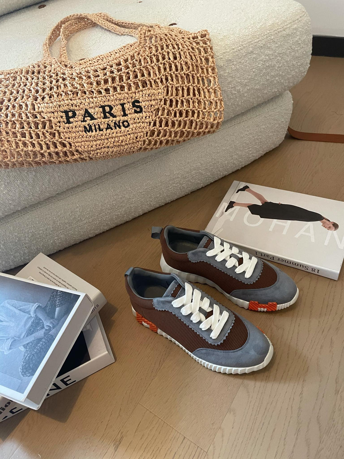 BOUNCING SNEAKERS GRAY MIX BROWN CALFSKIN
