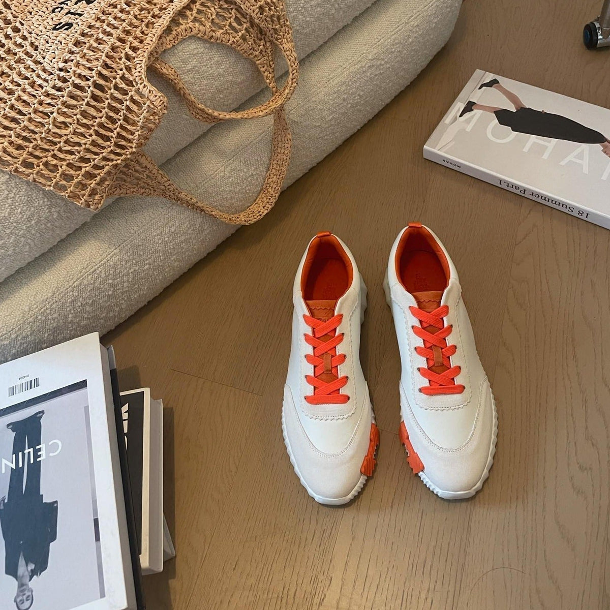 BOUNCING SNEAKERS WHITE CALFSKIN WITH ORANGE LACES