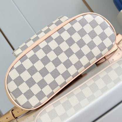 MONTSOURIS BACKPACK PM 30 IN WHITE GREY CHECKERBOARD PATTERN DAMIER AZUR COATED CANVAS