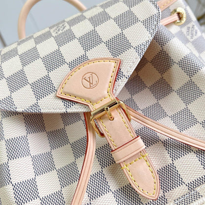MONTSOURIS BACKPACK PM 30 IN WHITE GREY CHECKERBOARD PATTERN DAMIER AZUR COATED CANVAS