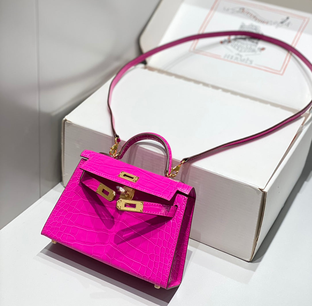 HN MINI IN DEEP MAGENTA CROCODILE SKIN GOLD HARDWARE