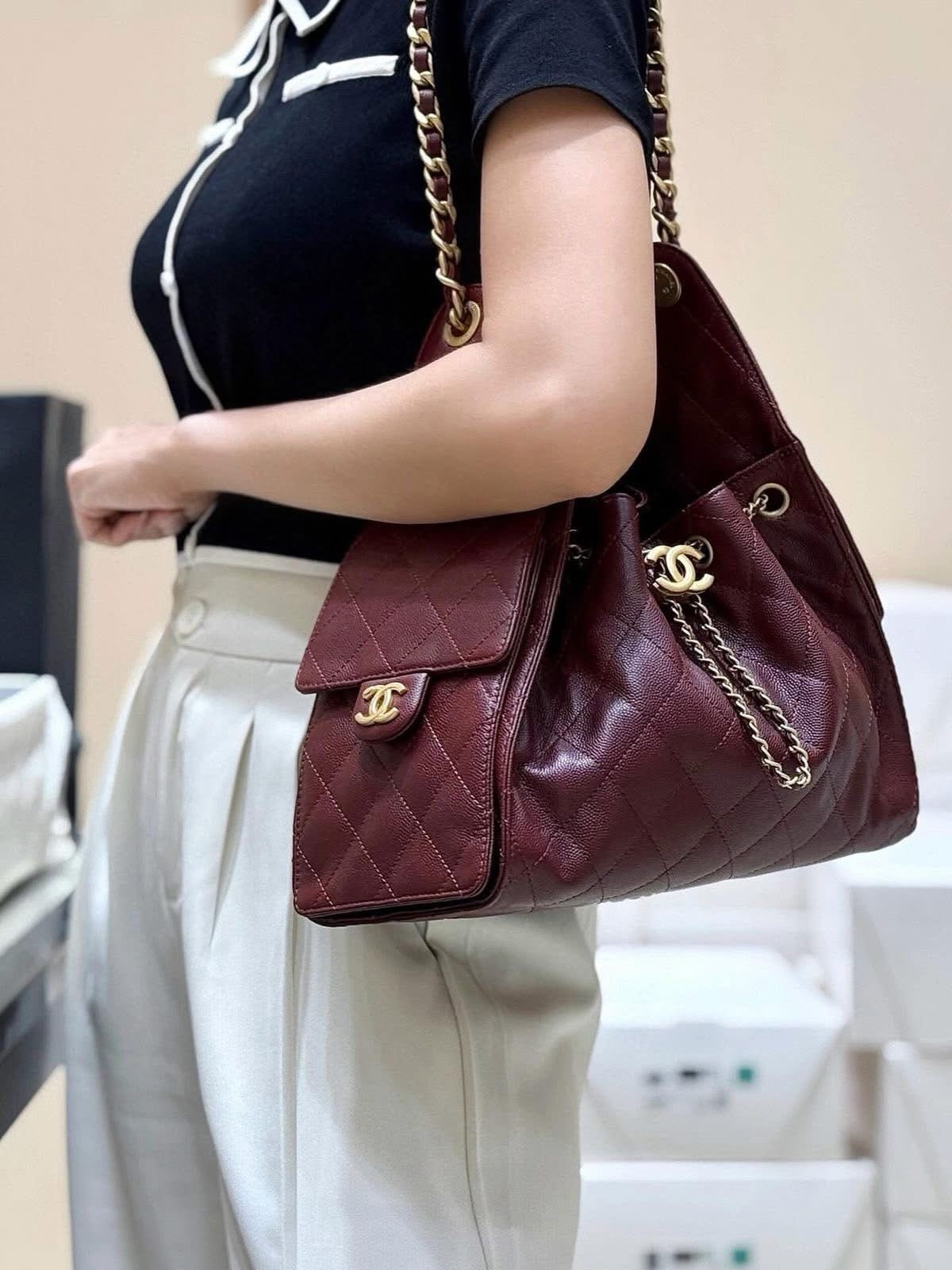 Chanel 25 Small Burgundy Gold Hardware