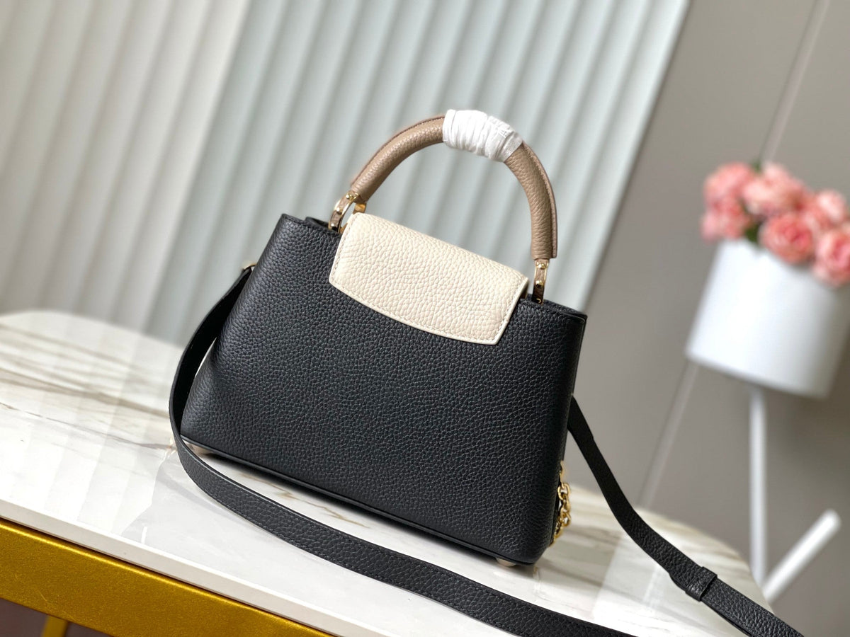 CAPUCINES BB 27 IN BLACK MIX WHITE TAURILLON GOLD HARDWARE