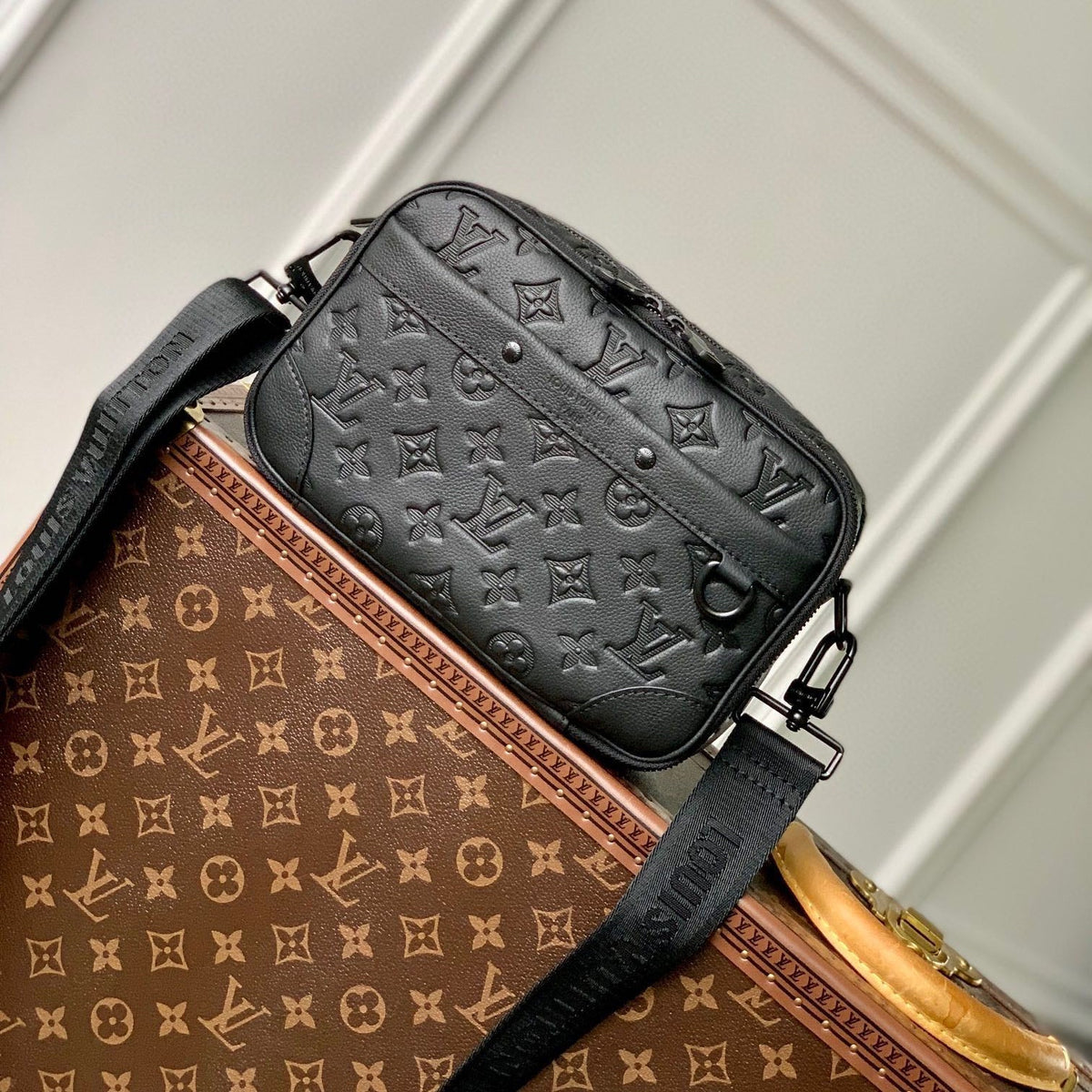ALPHA NANO BAG 24 IN BLACK MONOGRAM SHADOW EMBOSSED COWHIDE