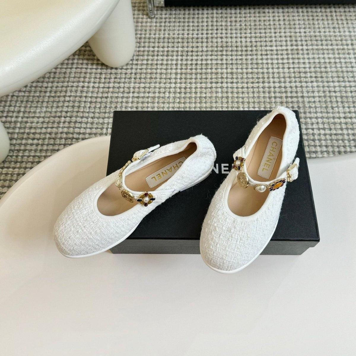 MARY JANE SHOES WHITE WOOL TWEED