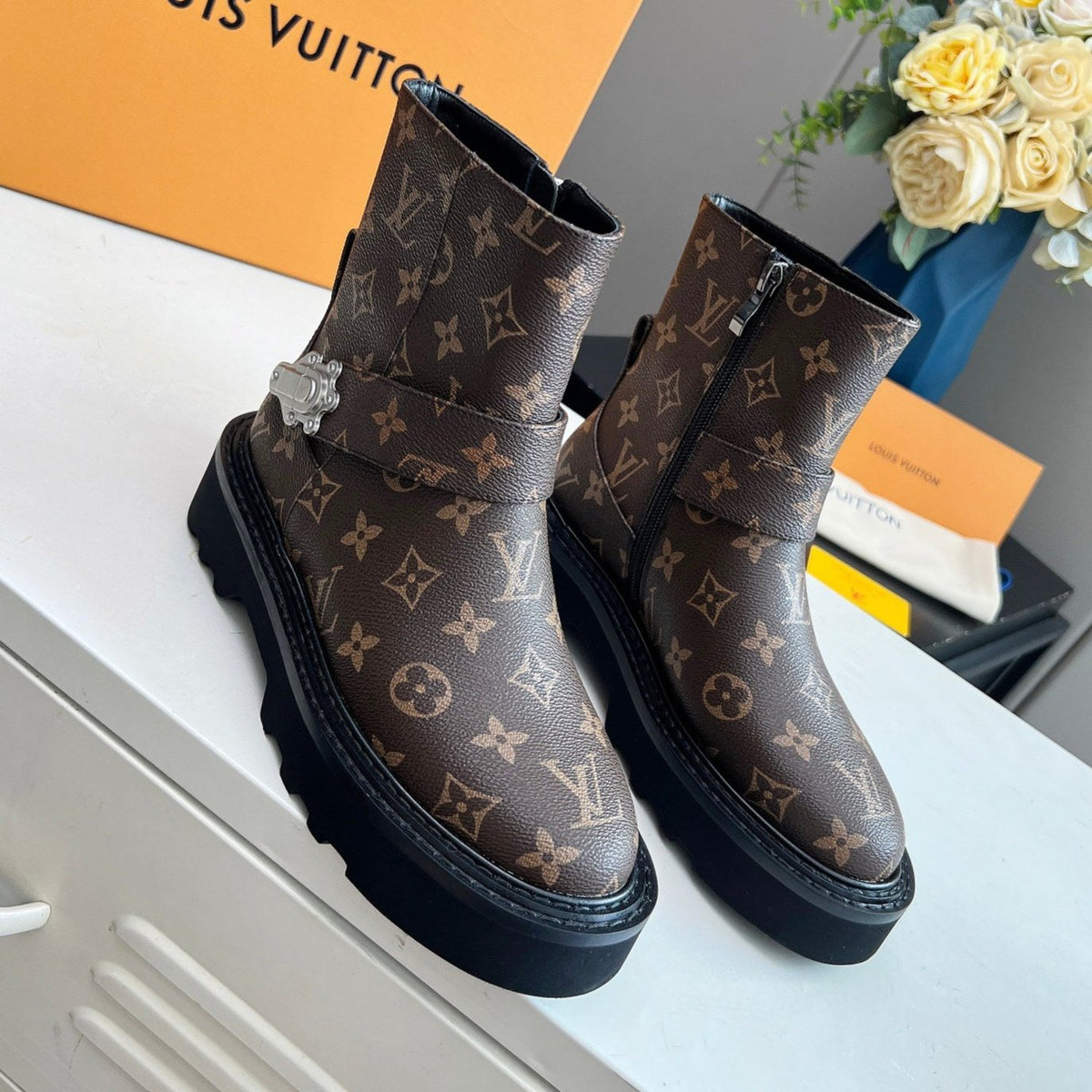 LV WOMEN'S BEAUBOURG ANKLE BOOT IN CACAO MONOGRAM CALFSKIN