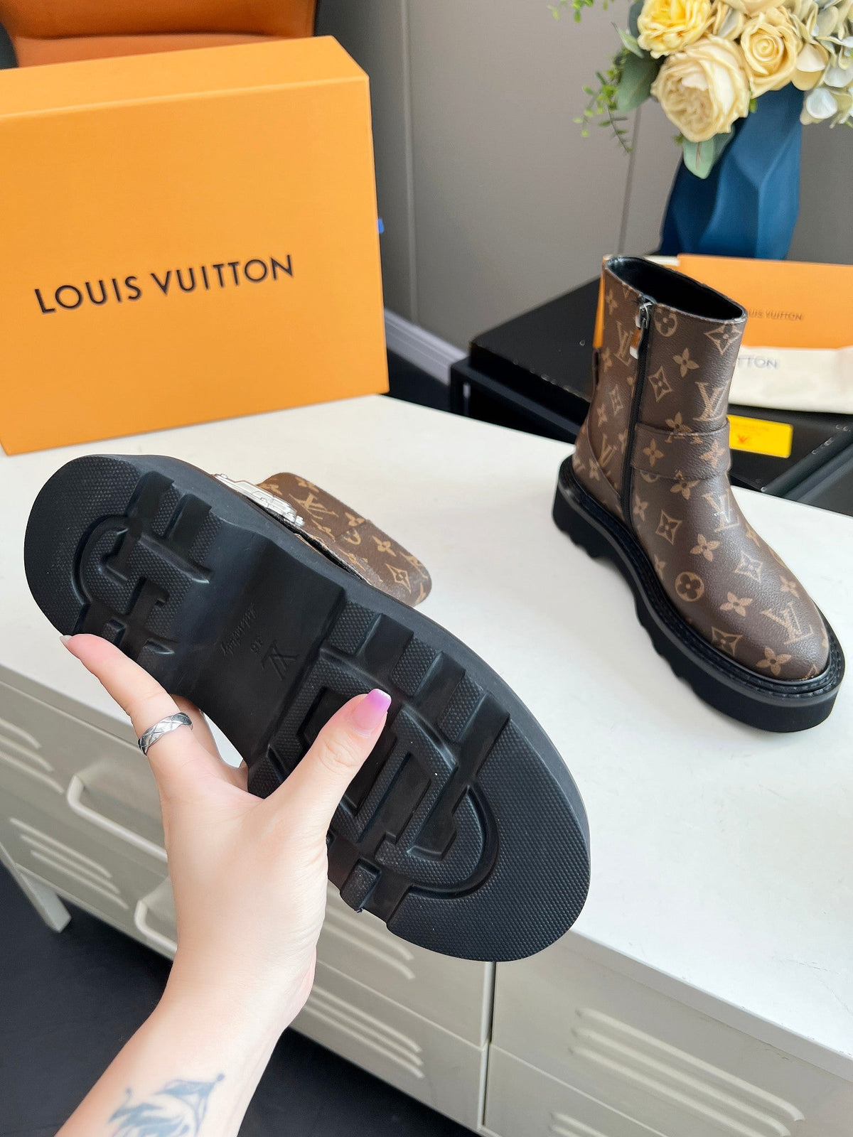 LV WOMEN'S BEAUBOURG ANKLE BOOT IN CACAO MONOGRAM CALFSKIN