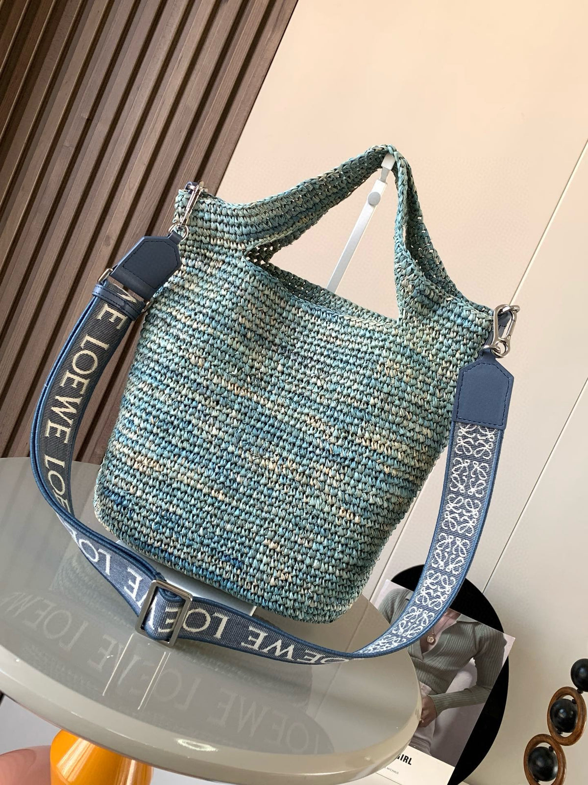 LOE 30 SLIT BAG IN DENIM BLUE RAFFIA AND CALFSKIN