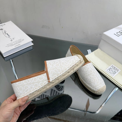 Loew Anagram Espadrille White Brown Leather and Canvas