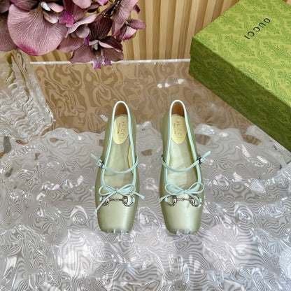 BALLET FLAT IN JADE GREEN SILK WITH SILVER HARDWARE