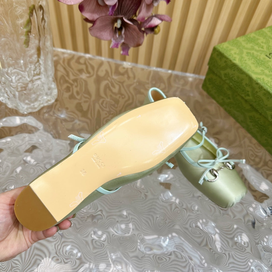 BALLET FLAT IN JADE GREEN SILK WITH SILVER HARDWARE