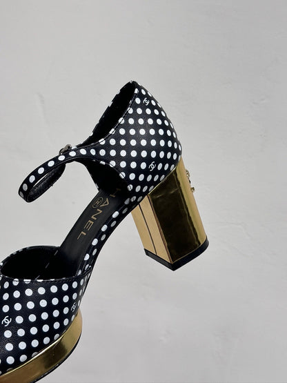 BLOCK HEEL SANDALS BLACK POLKA DOT SHEEPSKIN