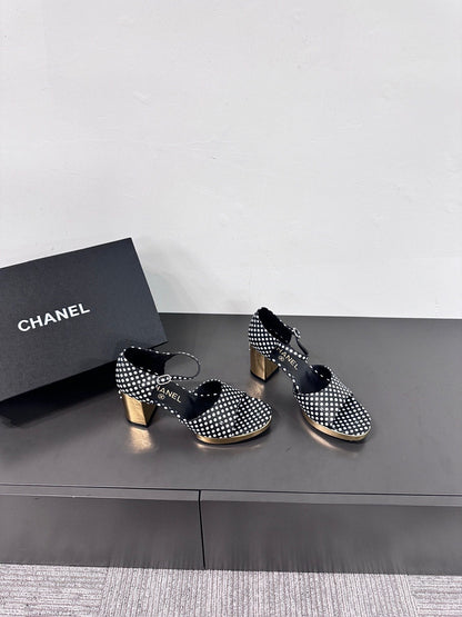 BLOCK HEEL SANDALS BLACK POLKA DOT SHEEPSKIN