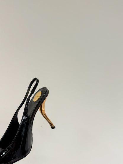 BLACK GEM-STUDDED SLINGBACK PUMPS IN BLACK PATENT CALFSKIN