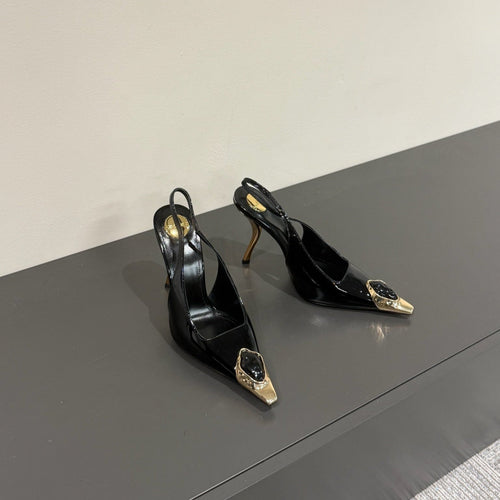 BLACK GEM-STUDDED SLINGBACK PUMPS IN BLACK PATENT CALFSKIN