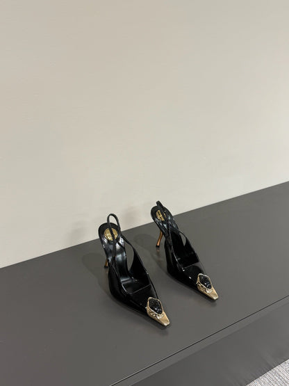 BLACK GEM-STUDDED SLINGBACK PUMPS IN BLACK PATENT CALFSKIN
