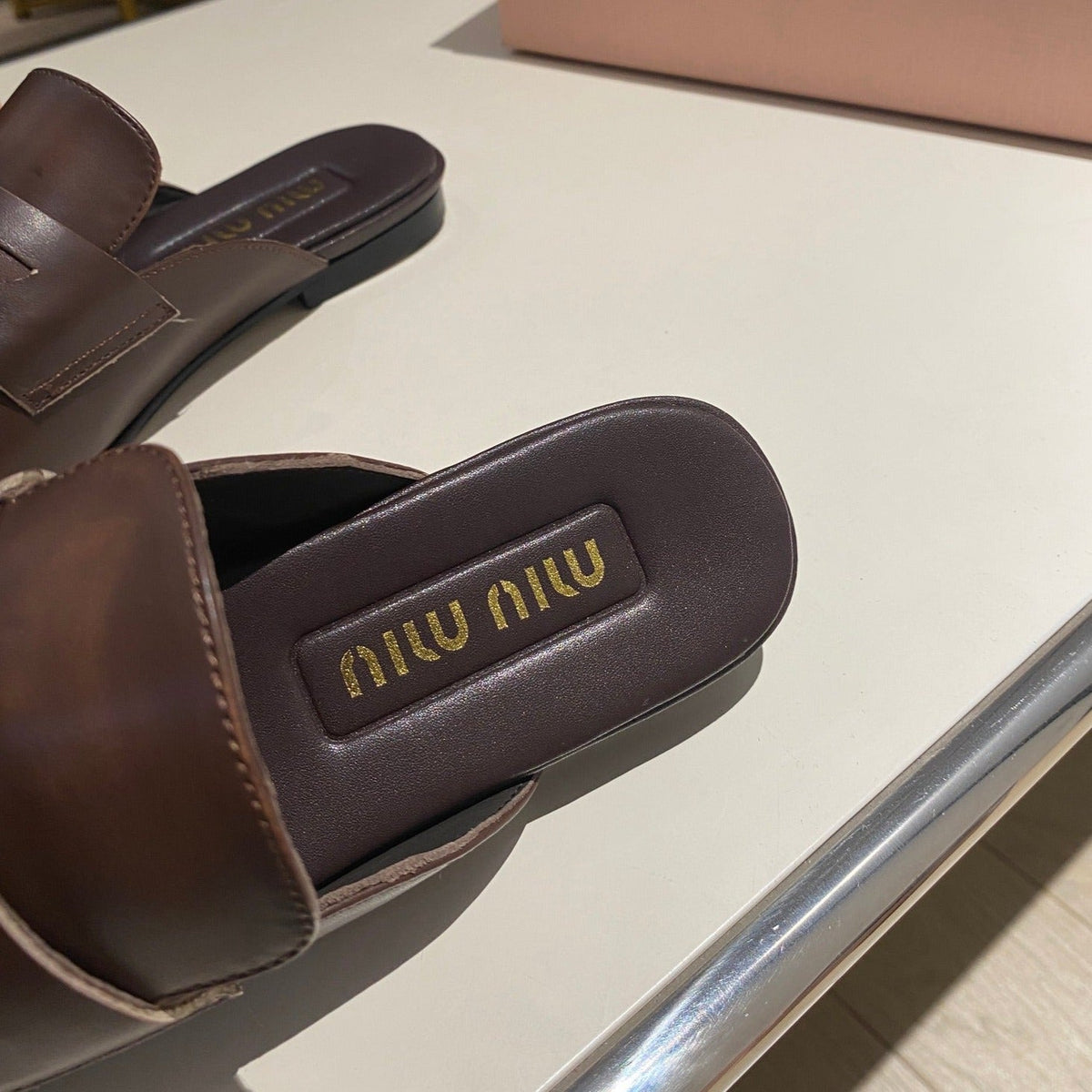 MULES SLIPPERS CHOCOLATE COLOR COWHIDE WITH GOLD COIN