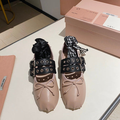 BALLET FLAT SHOES PINK NUDE LAMBSKIN WITH UNIQUE BLACK STRAPS