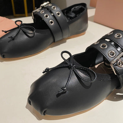 BALLET FLAT SHOES BLACK LAMBSKIN WITH UNIQUE BLACK STRAPS