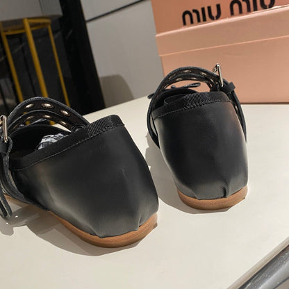BALLET FLAT SHOES BLACK LAMBSKIN WITH UNIQUE BLACK STRAPS