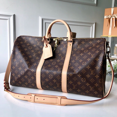 LV Monogram Canvas Keepall Bandoulière 55 Leather Duffle Bag