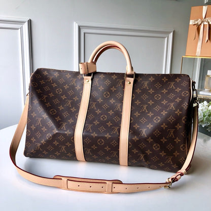 LV Monogram Canvas Keepall Bandoulière 55 Leather Duffle Bag