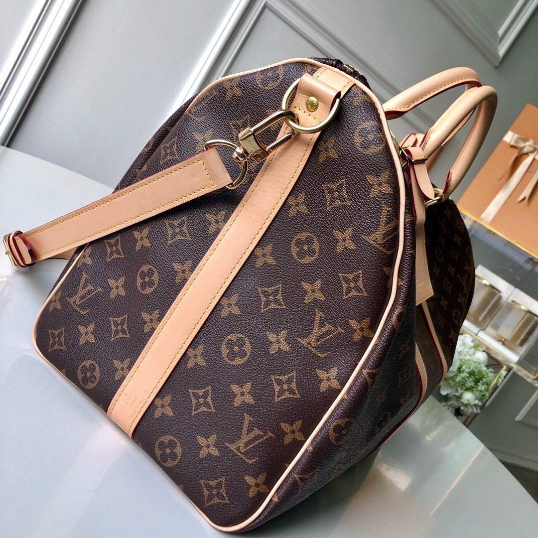 LV Monogram Canvas Keepall Bandoulière 55 Leather Duffle Bag