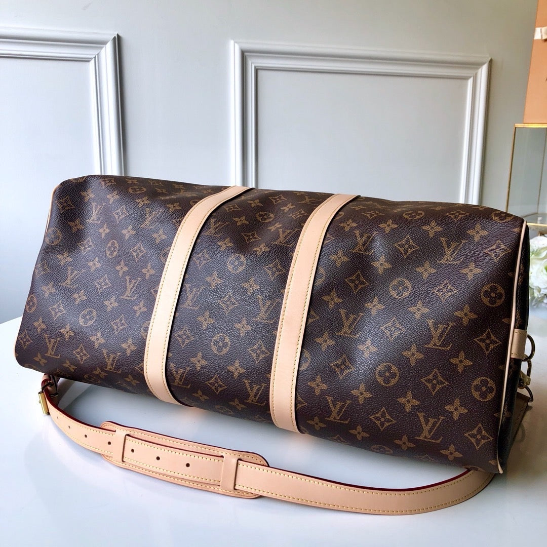 LV Monogram Canvas Keepall Bandoulière 55 Leather Duffle Bag