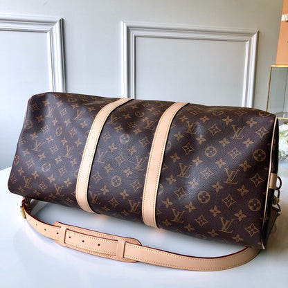 LV Monogram Canvas Keepall Bandoulière 55 Leather Duffle Bag