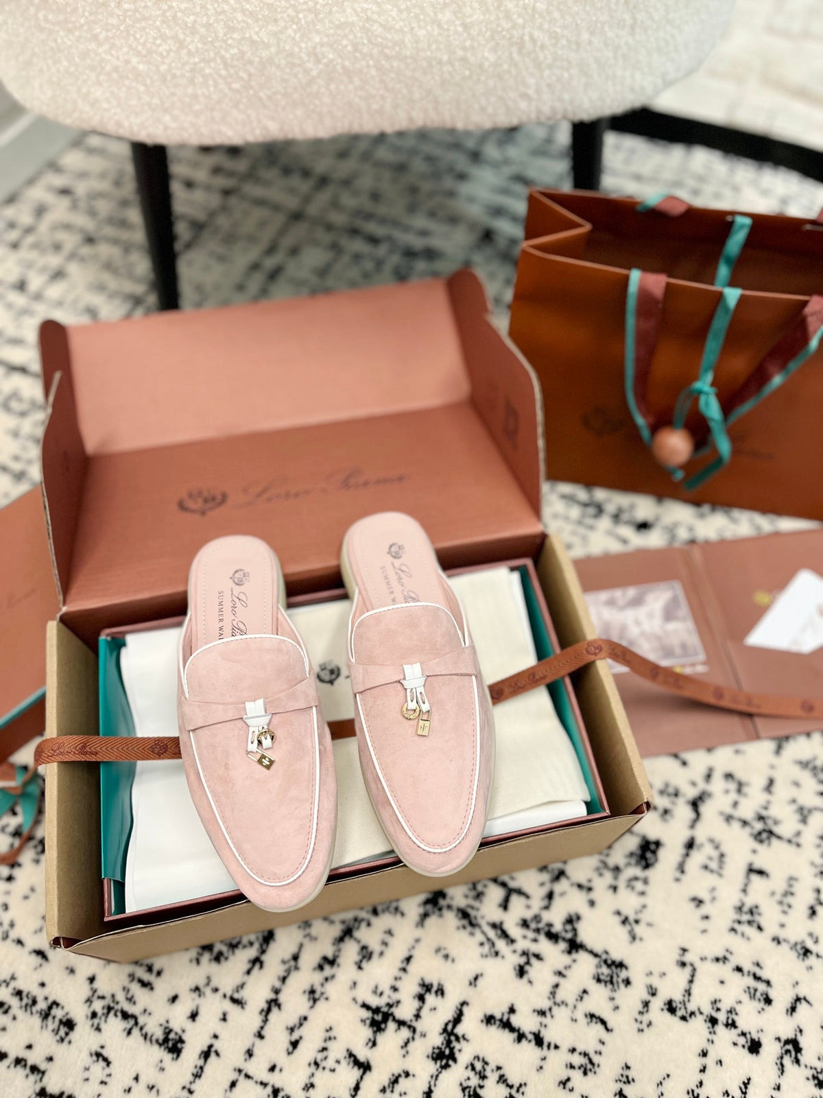 Loro Piana Light Pink White Suede Charms Walk Flat Mules